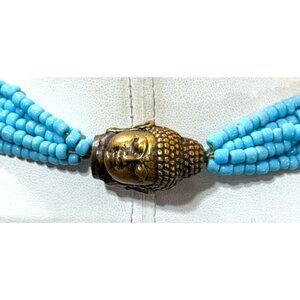 Bronze Tone Buddha Head Light Blue Seed Bead Multi Strand Layer Necklace